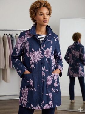 Chico's High Seas Floral 
Raincoat Jacket Navy Purple 
Size 3/XL